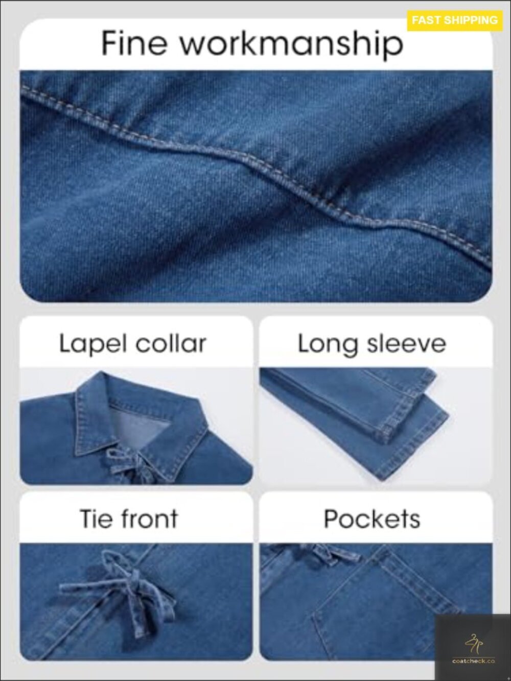 Tie Front Denim Shacket Oversized Loose Fit Y2K Chic Casual Top with Pockets - Picture 4 of 6